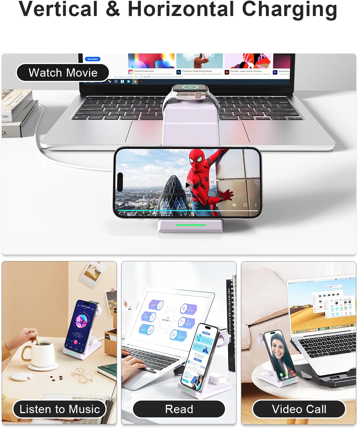 Wireless Charging Station for iPhone - ADADPU 3 in 1 Charger Stand for iPhone 16 15 14 13 12 11 Pro Max XR XS 8 Plus, Wireless Charging Dock for Apple Watch 8/7/SE/6/5/4/3/2, AirPods Pro/3/2 (Purple)