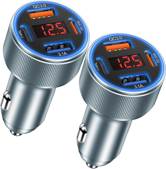 Car Charger USB C, Besgoods 65W 4-Port USB Cigarette Lighter Adapter with Voltmeter PD QC Fast Charging for iPhone 16 15 14 13 12 11 Galaxy S24 S23 A54 A15 Dash Cam Car Accessories, 2Pack