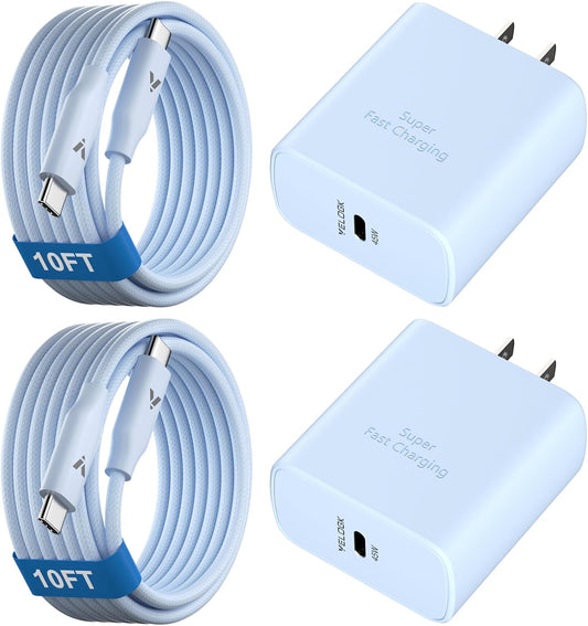 45W Super Fast Charger USB C, 45 Watt Type-C Android Phone Charger Fast Charging Block with 10FT Type C Cords for Samsung Galaxy S25 Ultra/S24 Ultra/S24+/S23 Ultra/S22 Plus/S20, Tab S9/S8 Ultra(Blue)
