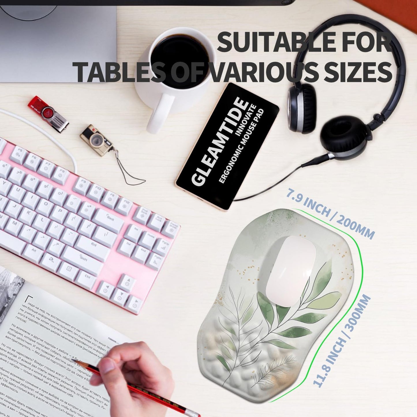 Ergonomic Raised Mouse Pad Wrist Support with Bilateral Slope Memory Foam Mousepad for Wrist Rest and Carpal Tunnel Pain Relief 11.8x7.9〃 Green Leaf