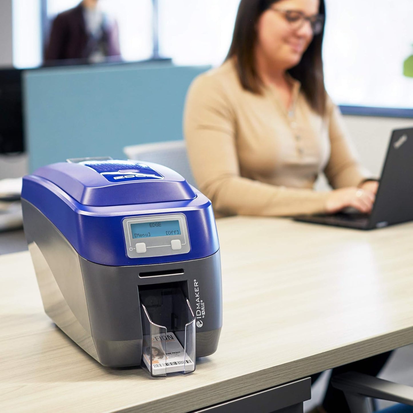 ID Maker Card Edge 2 Sided Printer Machine & Supply Kit for Badge Printing - Print Professional Quality Identification Badges - IDMaker Software, 200-Print Color Ribbon, 100 PVC Cards