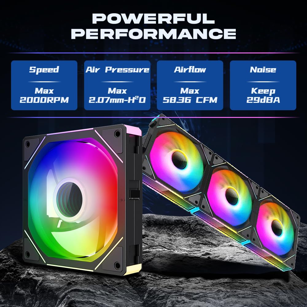 Jungle Leopard Interstellar V1 120mm PC Reverse Blade Case Fan, Infinity Mirror Module Daisy-Chain 5V ARGB PWM PC Fan Triple Pack Suitable for Computer Case & CPU Cooling(Black-3 Pack)