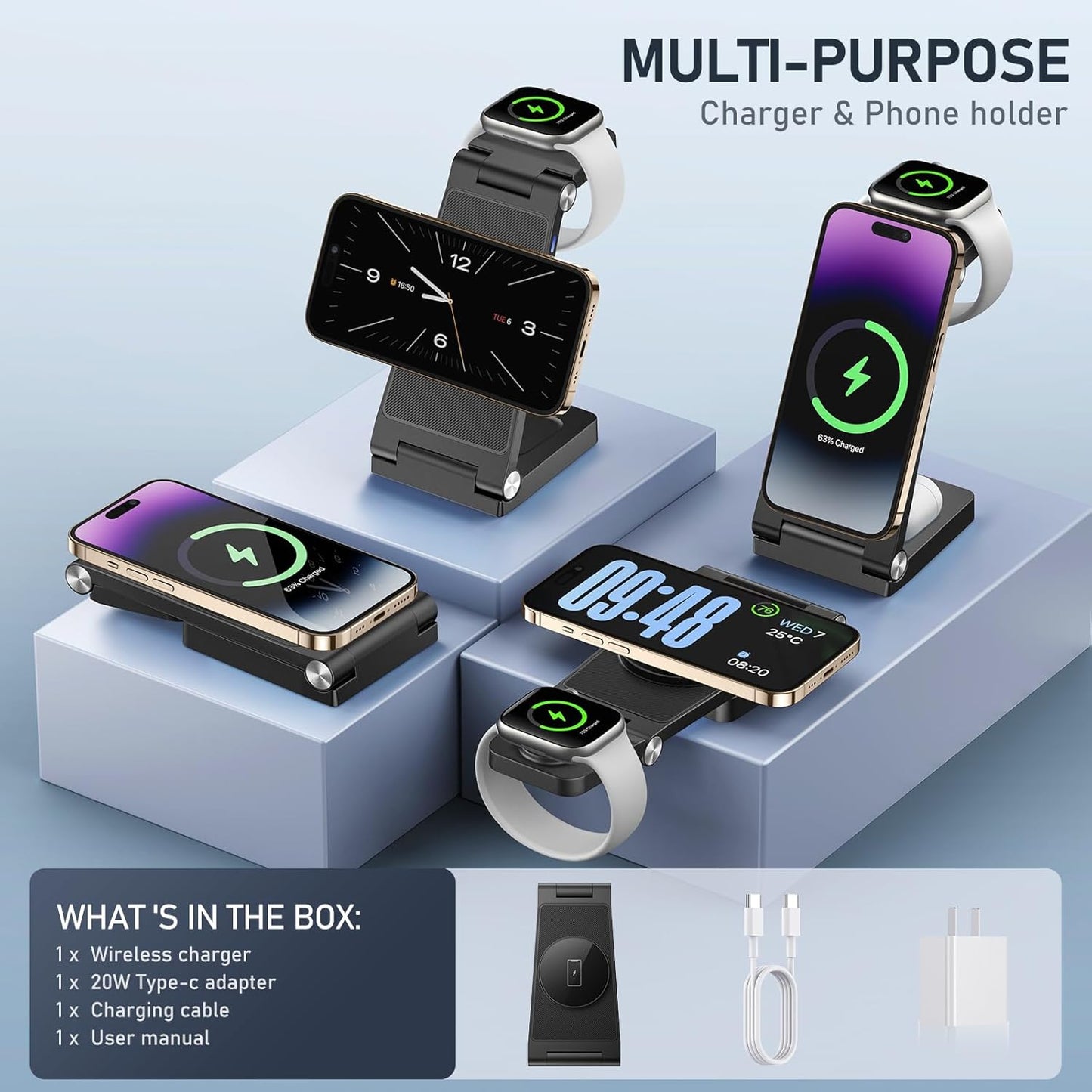 Magnetic Wireless Charger Stand, 3 in 1 Foldable Wireless Charging Station, Travel Charger for Multiple Devices for iPhone 16 15 14 13 12 Series, Apple Watch Ultra/9/8/7/6/5/4/3/2, AirPods