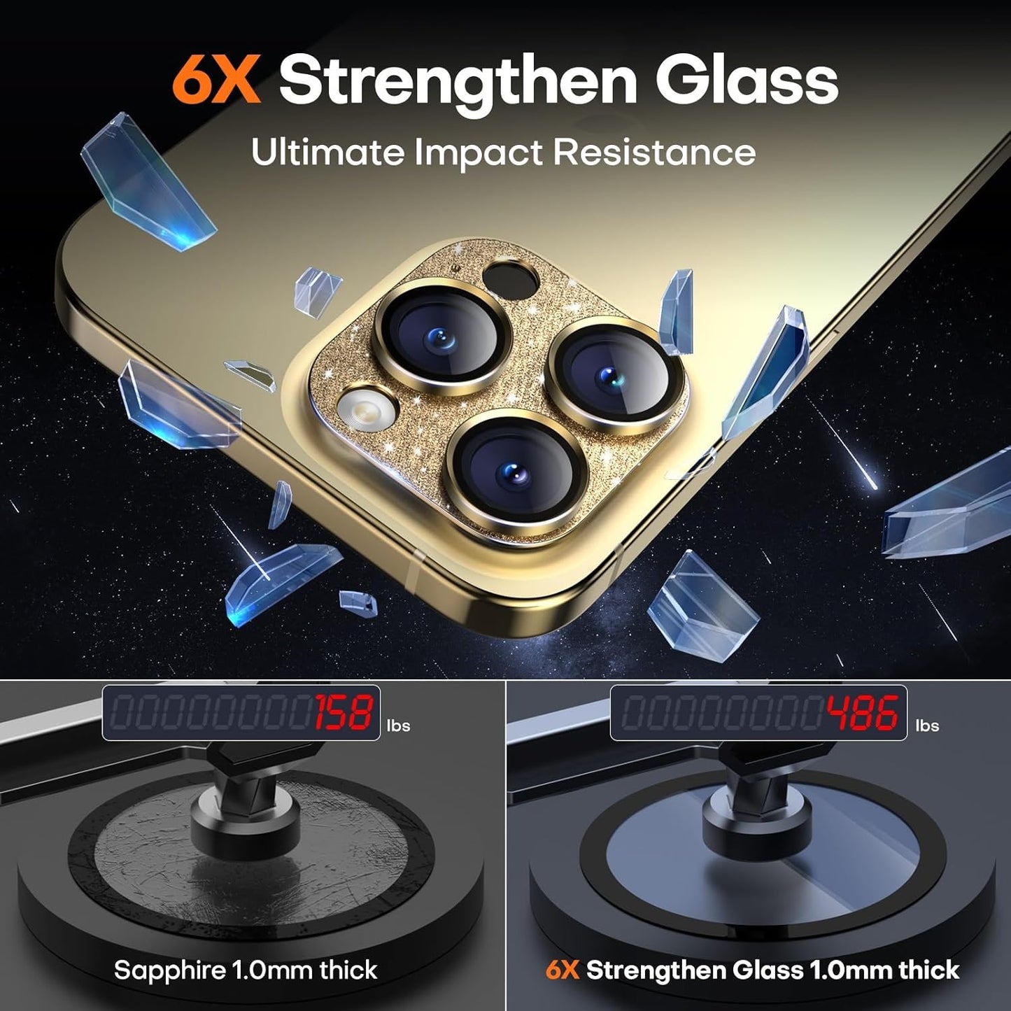 Camera Lens Protector for iPhone 16 Pro Max/16 Pro/15 Pro Max/15 Pro/14 Pro Max/14 Pro, Aluminum Alloy Sapphire Glass Camera Screen Cover, Case Friendly- Glitter Gold