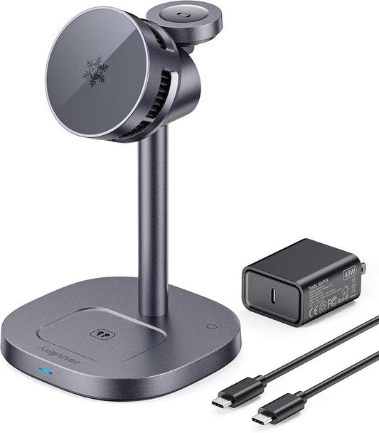 2025 New Magnetic Wireless Charger with Active Cooling, 15W Qi2 Fast 3 in 1 Charging Station for Apple Charger Stand, Wireless Charger for iPhone16/15/14/13/12 Series, Apple Watch, AirPods