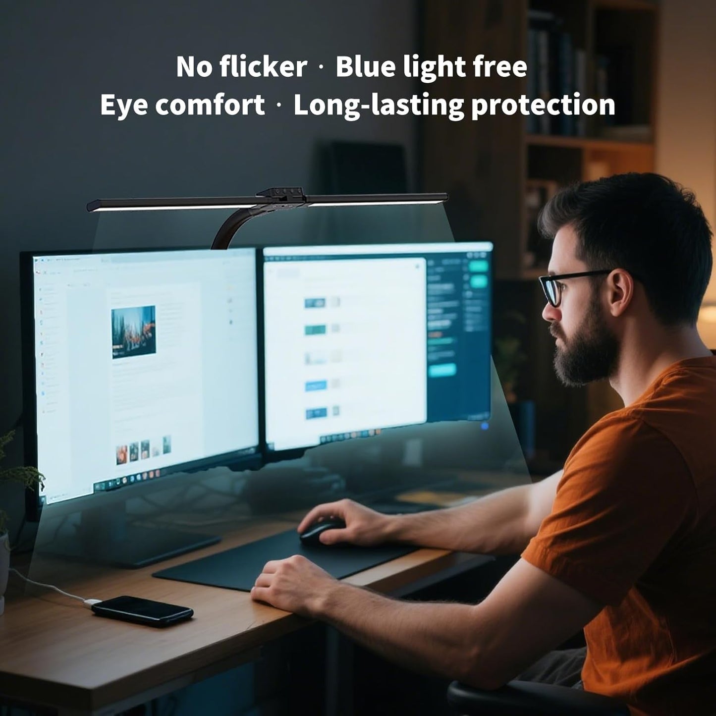 Full Spectrum LED Desk Lamp, Sun Lamp 15W Eye-Caring Table Light with CRI≥95, Flicker-Free, Low Blue Light, 2700K-6500K, Stepless Dimming, 360° Arm, Clamp Base for Office & Study