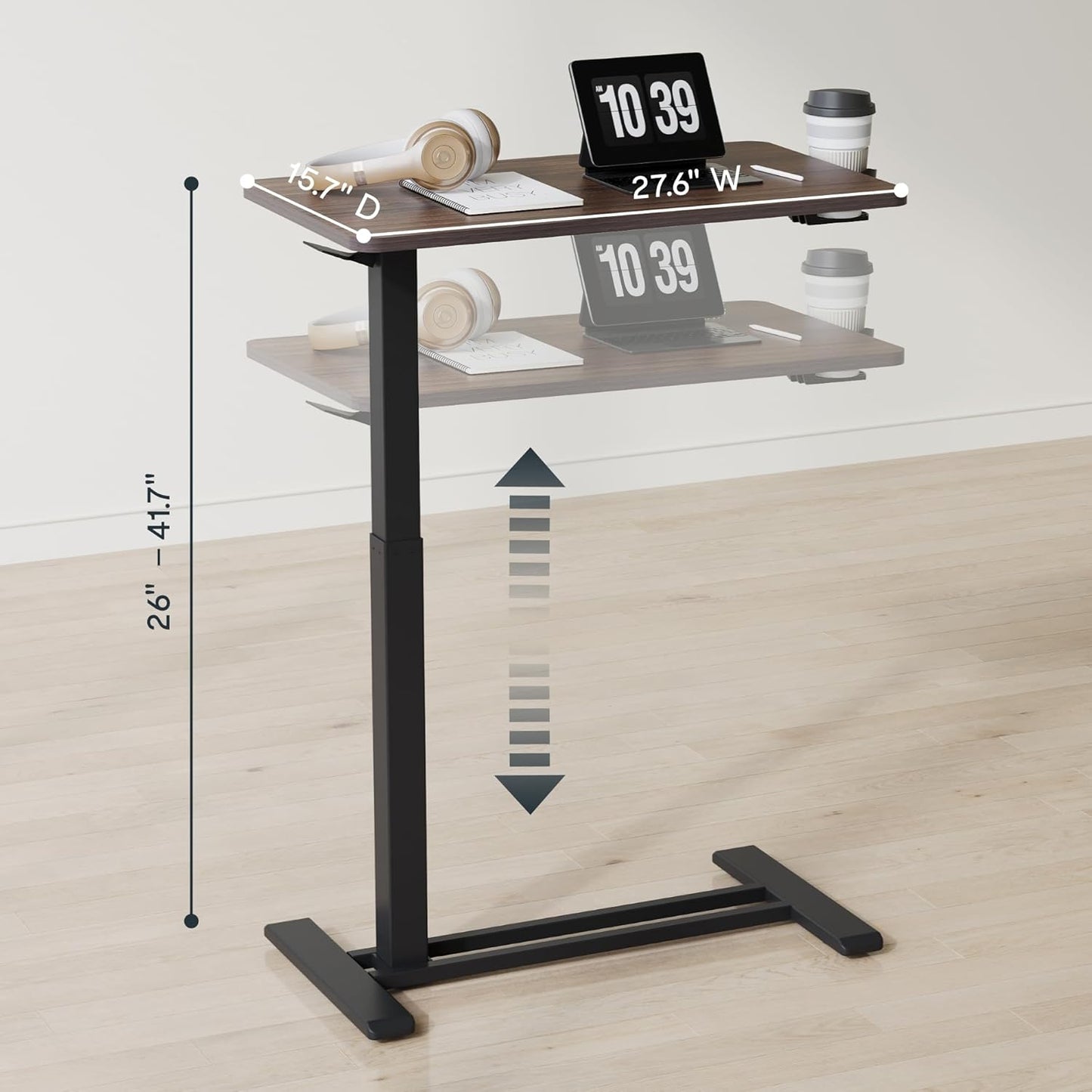 FLEXISPOT H7 Adjustable Overbed Bedside Table with Wheels Pneumatic Mobile Standing Desk Laptop Desk Rolling Computer Cart Movable Table Hospital Home Use(27.6" W x 15.7" D, Mahogany Table)