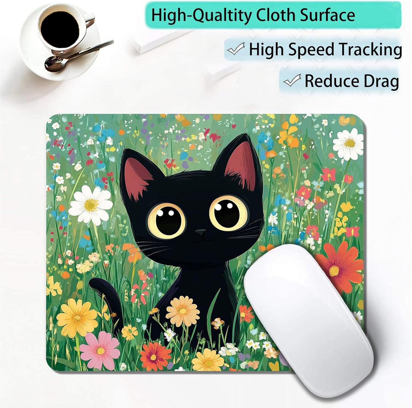 Cute Black Cat Floral Custom Mouse Pad with Non-Slip Rubber, Small Square Design for Wireless Laptop & Computer Mouse Pads for Desk, 9.5 x 7.9 inch Smooth Surface for Gaming & Office