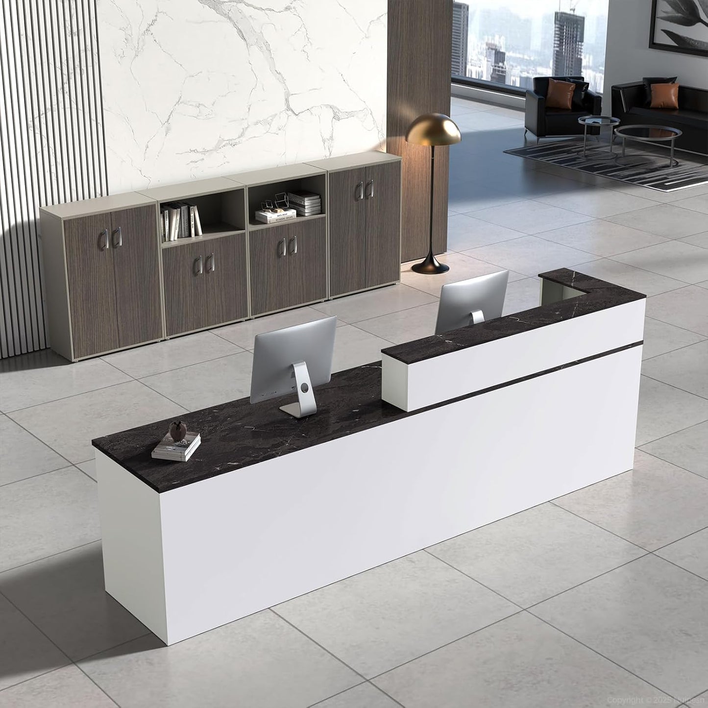 Reception Desk with Counter, Modern Front Desk Reception Counter with Keyboard Tray, Lockable Drawer and Storage Shelves for Office, Retail, Salon (White+Black/Right, 71" L*24" W*39" H)