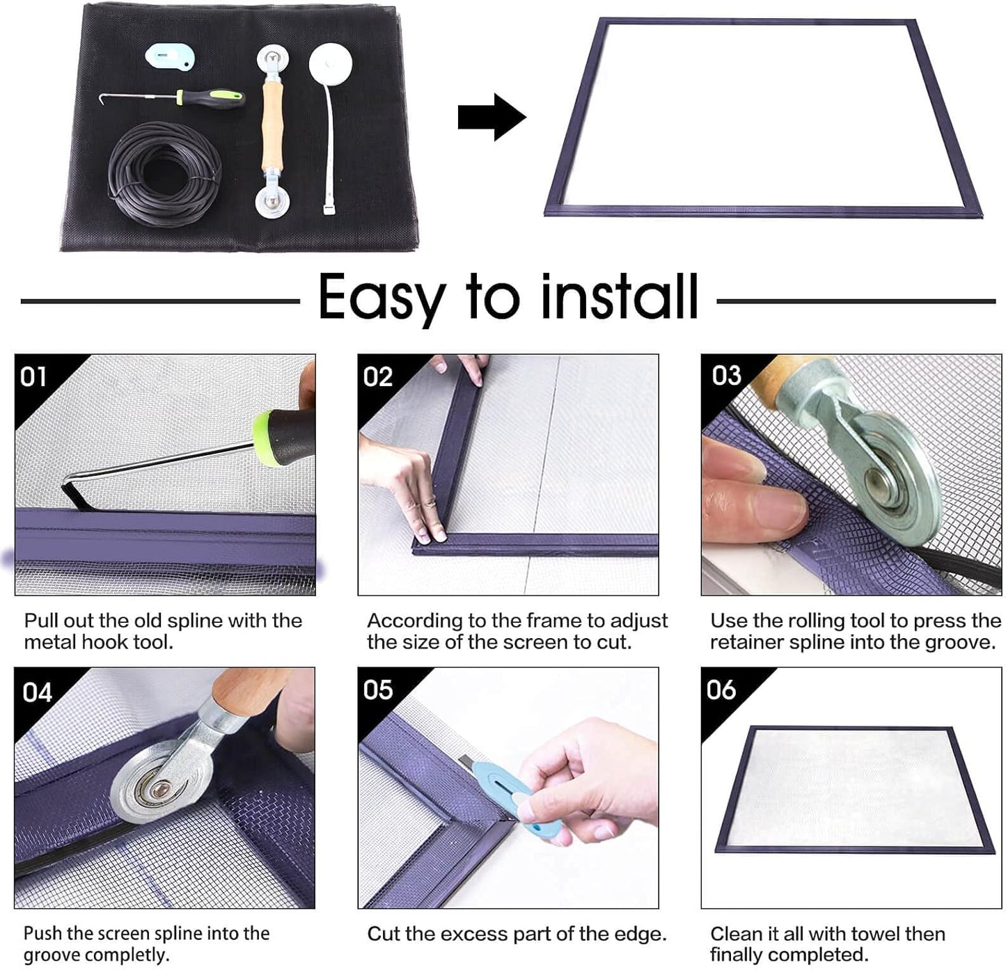 Window Screen Repair Kit - 59" x 106" Screen Door Replacement Fiberglass Screen Mesh with All Screen Tools for Sliding Door and Patio Screen Door Replacement, TOOLTRIZ