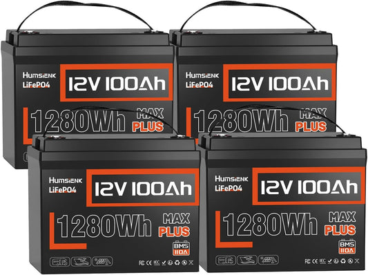 12V 100Ah LiFePO4 Battery MAX PLUS 4 Pack - 110A BMS with Low Temp Cutoff | 15000+ Deep Cycles for RV Solar Marine Trolling Motor | Off-Grid Backup Power Rechargeable Lithium Iron Phosphate Battery
