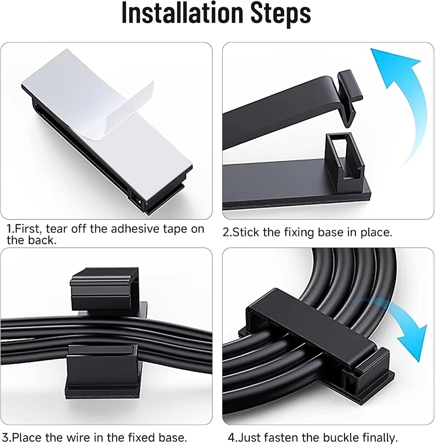 Adhesive Cable Clips Holder, Outdoor Light Clips, Black Cord Wire Clips, Sturdy Nylon Cord Wall Finisher Wire Clamp for Home, Car, Office Desk Wire Management (Black, L-50 PCS)