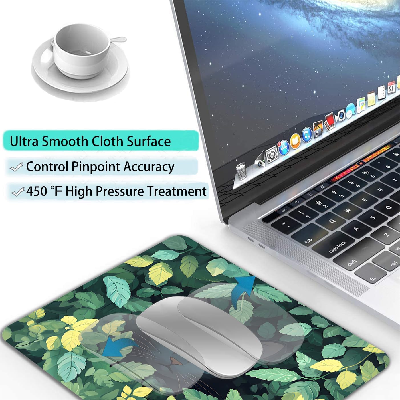Green Flowers Black Cat Custom Mouse Pad with Non-Slip Rubber, Small Square Design for Wireless Laptop & Computer Mouse Pads for Desk, 9.5 x 7.9 inch Smooth Surface for Gaming & Office