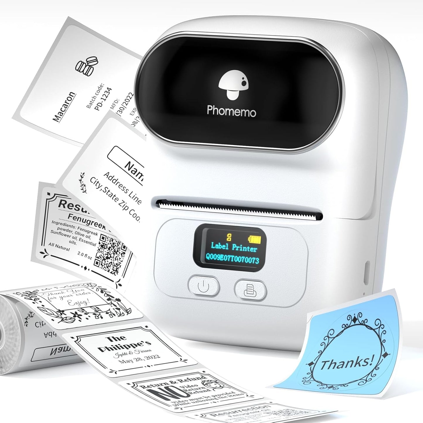 Phomemo M110 Label Makers - Portable Bluetooth Thermal Label Maker Machine,Label Printer for Barcode, Clothing, Jewelry, Retail, Mailing, for Android & iOS, with 1Pack 40×30mm Label, White