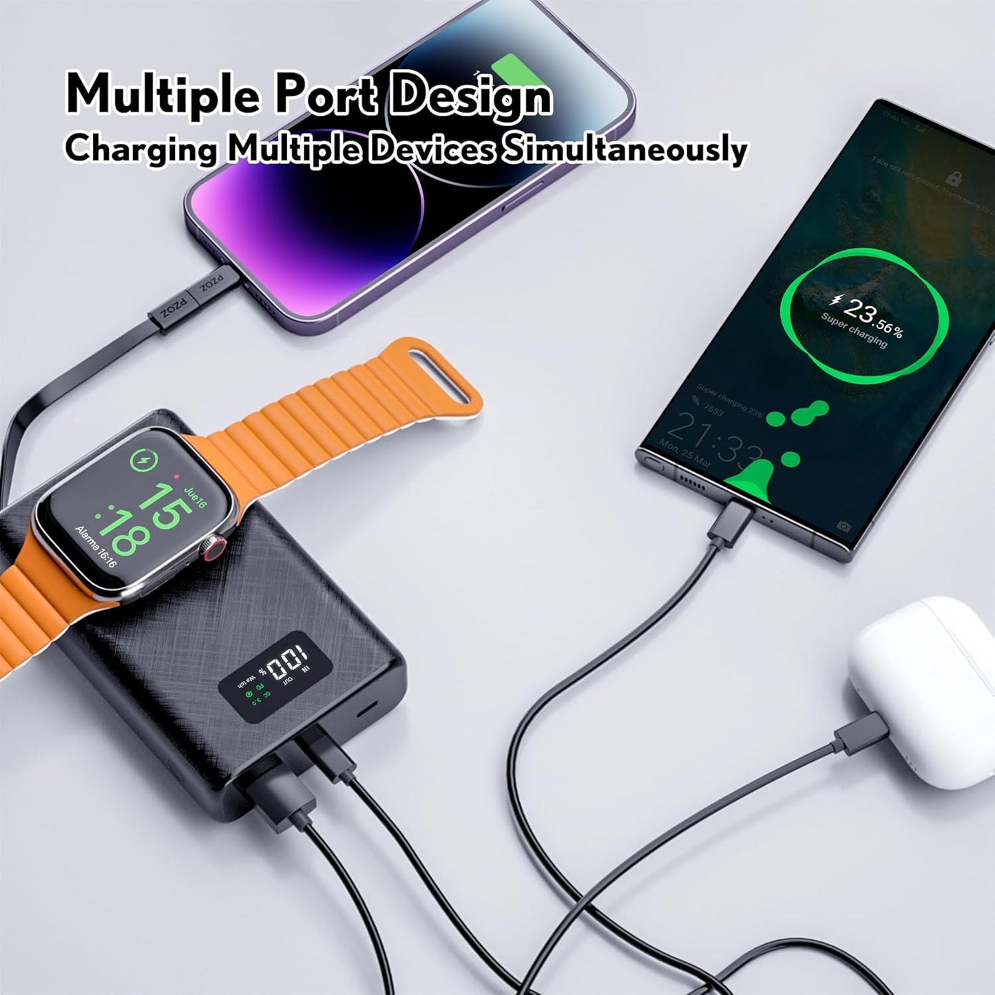 pzoz 20000mAh Portable Power Bank Powerbank Battery Pack with Apple Watch Magnetic Wireless Charger,USB Type C PD Fast Charging Cable Travel High Capacity Compatible iWatch iPhone 16 15 Phone (Black)