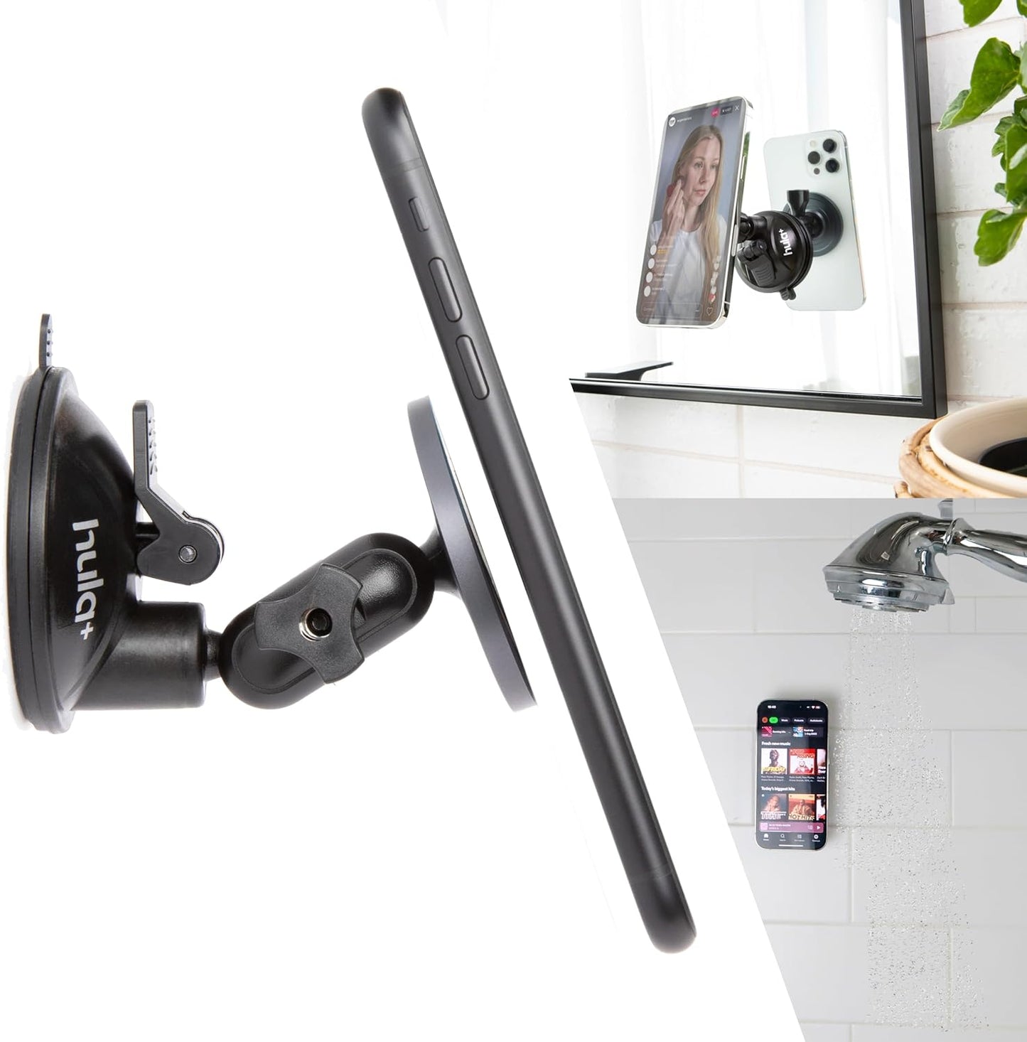 hula+ MagSafe Phone Holder Portable Mount, Reusable Stand for Shower, Mirror, Kitchen, Window, & Bathroom Compatible with MagSafe Adjustable Rotation for Content, TikTok, Movies & Music