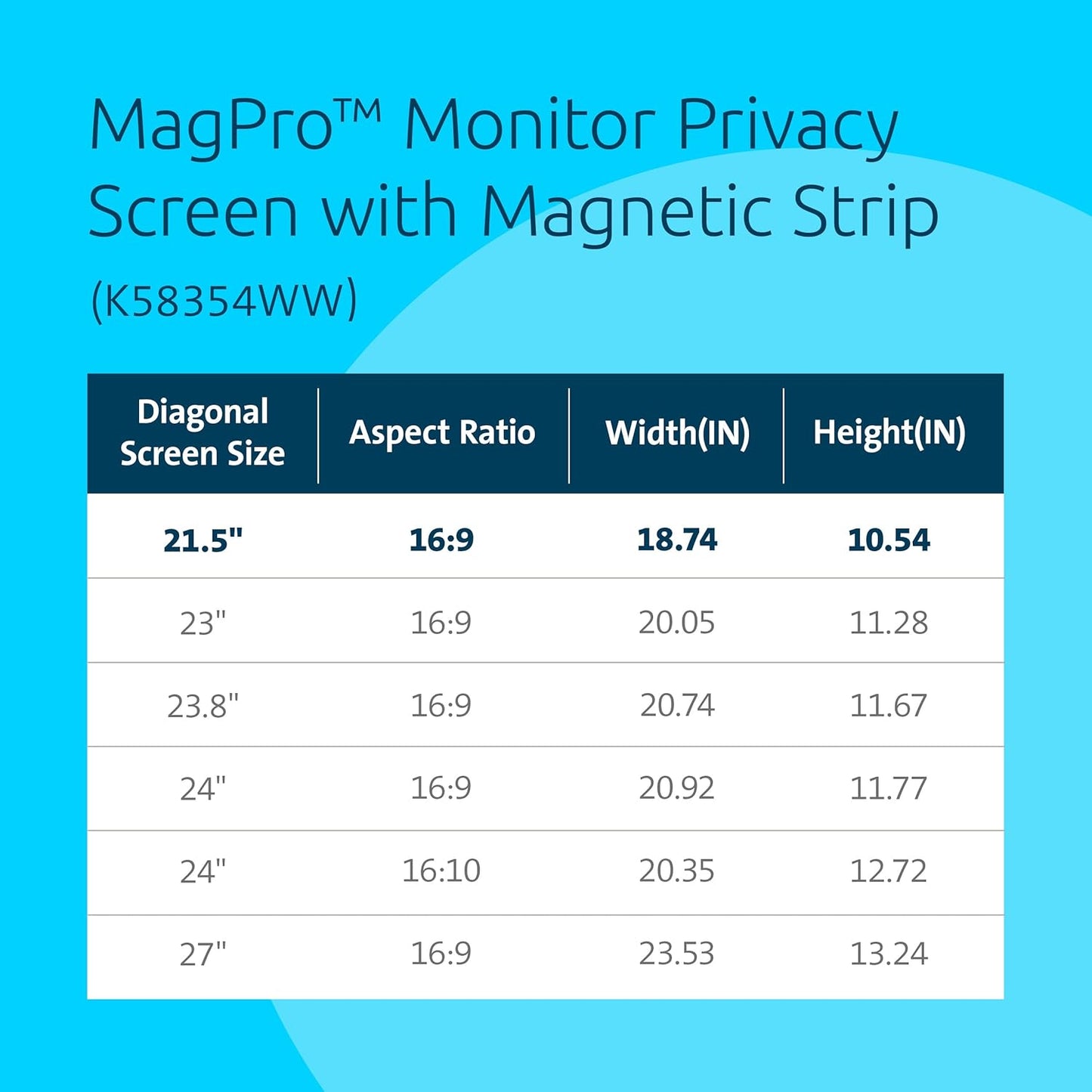 Kensington MagPro 21.5 Inch Magnetic Computer Privacy Screen for Desktop, Removable 16:9 Computer Privacy Filter, Anti-Glare Blue Ray Reduction, Compatible with Slim Bezel Monitors, K55420WW