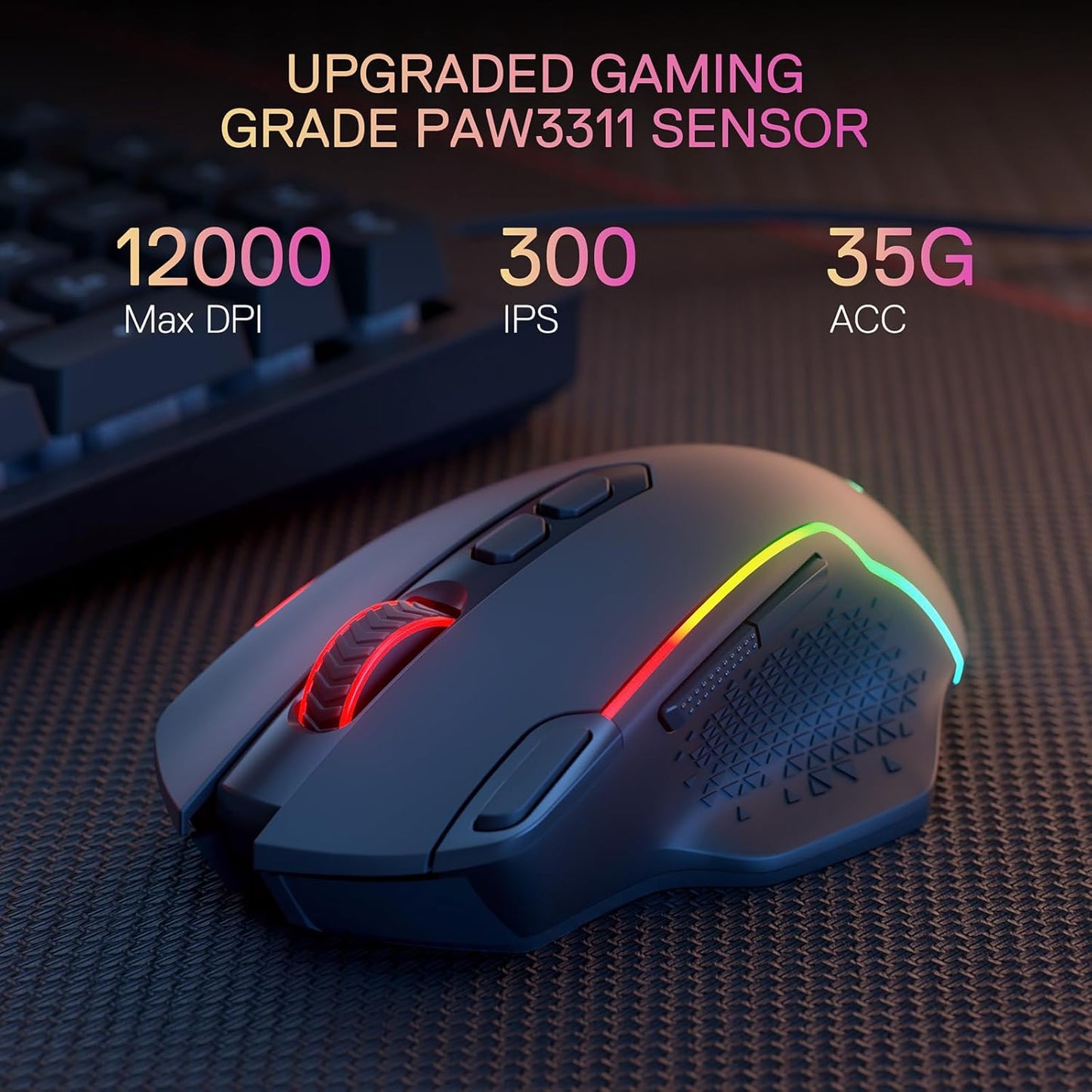 Redragon M810 MAX 3-Mode Wireless Gaming Mouse, 12000 DPI Wired/Wireless RGB Mouse w/Rapid Fire Key, 8 Macro Buttons, 188-Hour Reliable Power Capacity for PC/Mac/Laptop