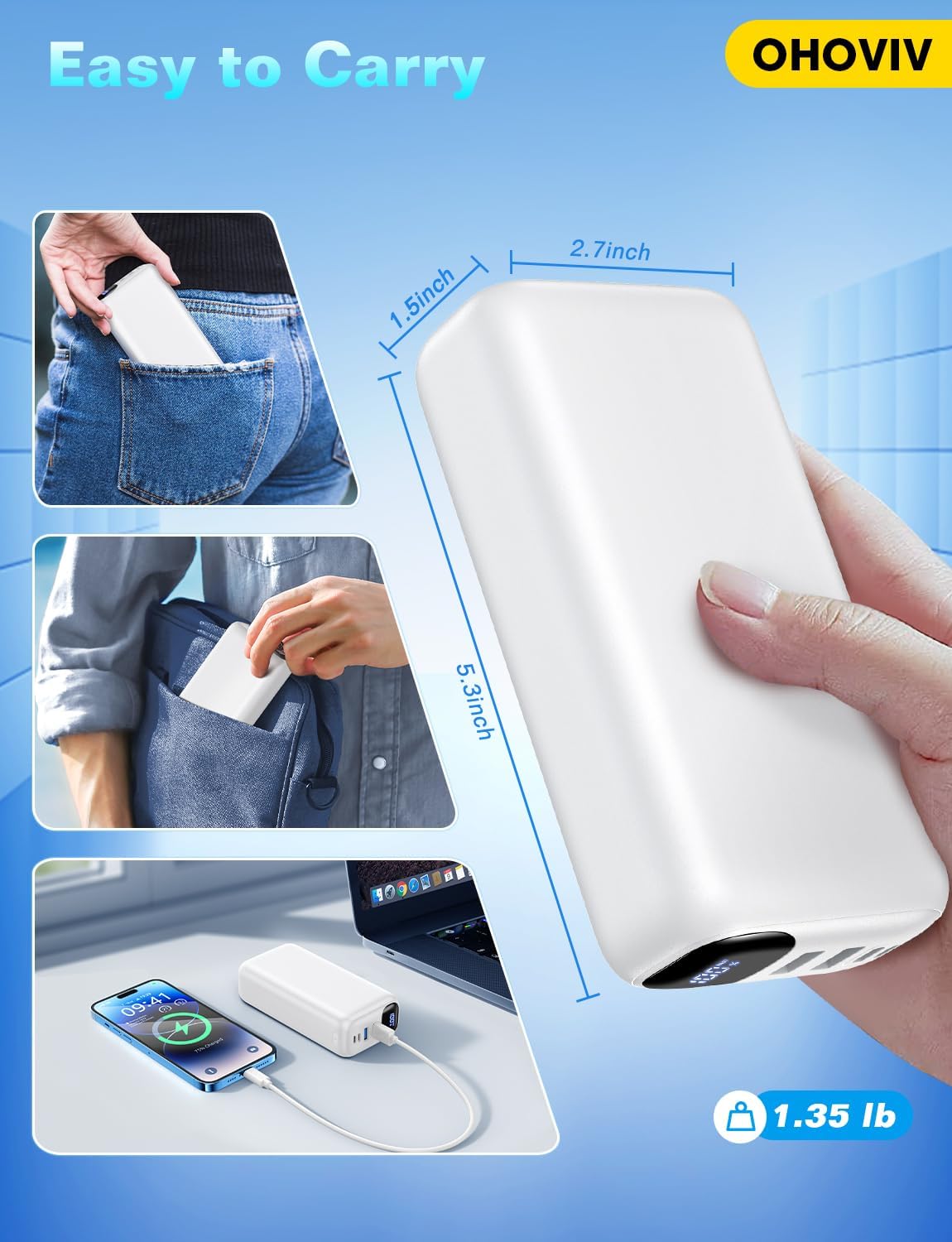 Portable Charger 50000mAh Power Bank - 22.5W Fast Charging External Battery Pack, LED Display USB-C Portable Cell Phone Charger for iPhone 16/15/14/13 Pro, Android, Samsung Galaxy, Etc(White)