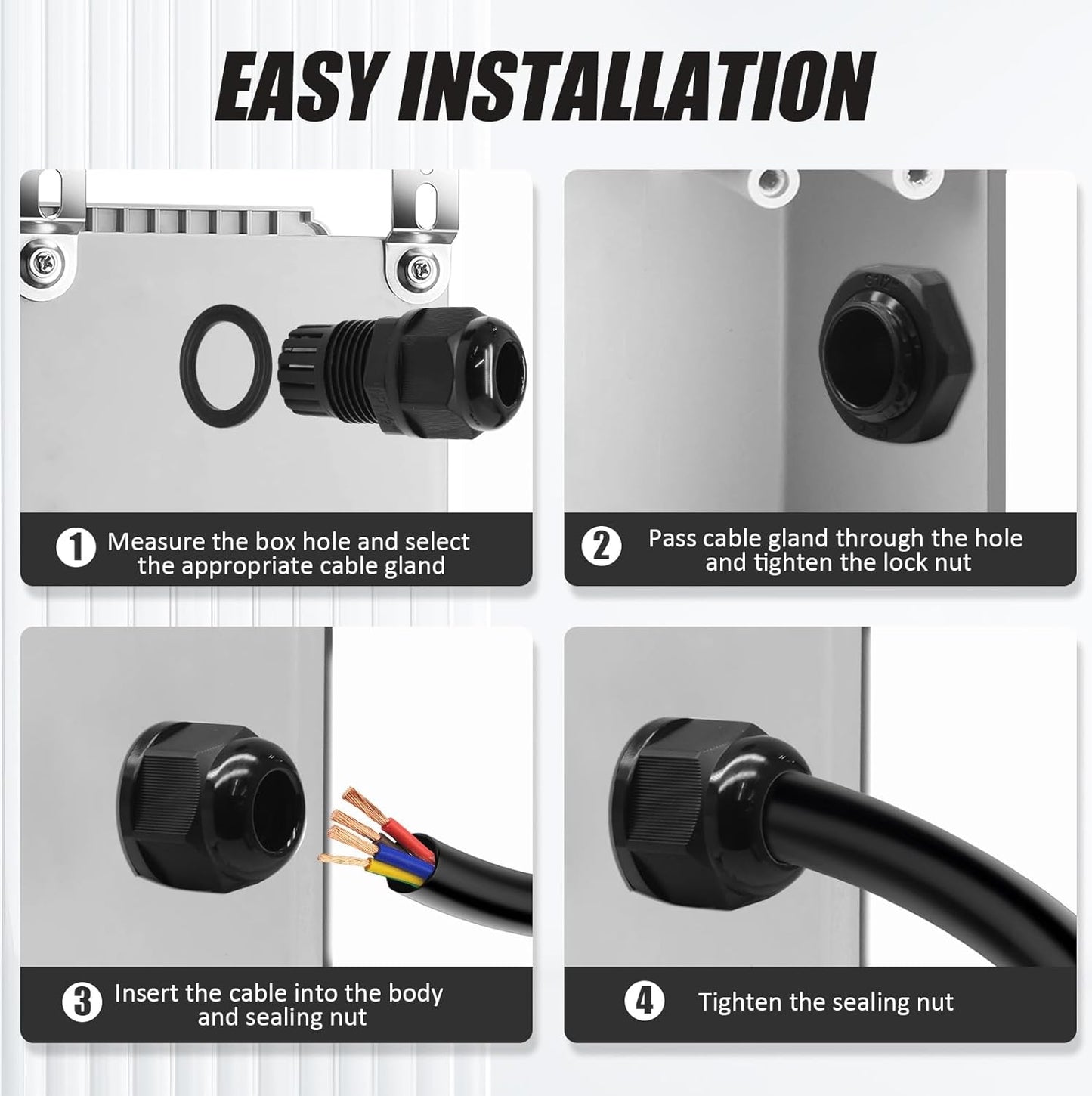 12 Pcs 1/2" NPT Nylon Cable Glands, Black Strain Relief Cable Cord Connector IP68 Waterproof Junction Box Wire Protectors Adjustable for 6-12mm Cable Diameter