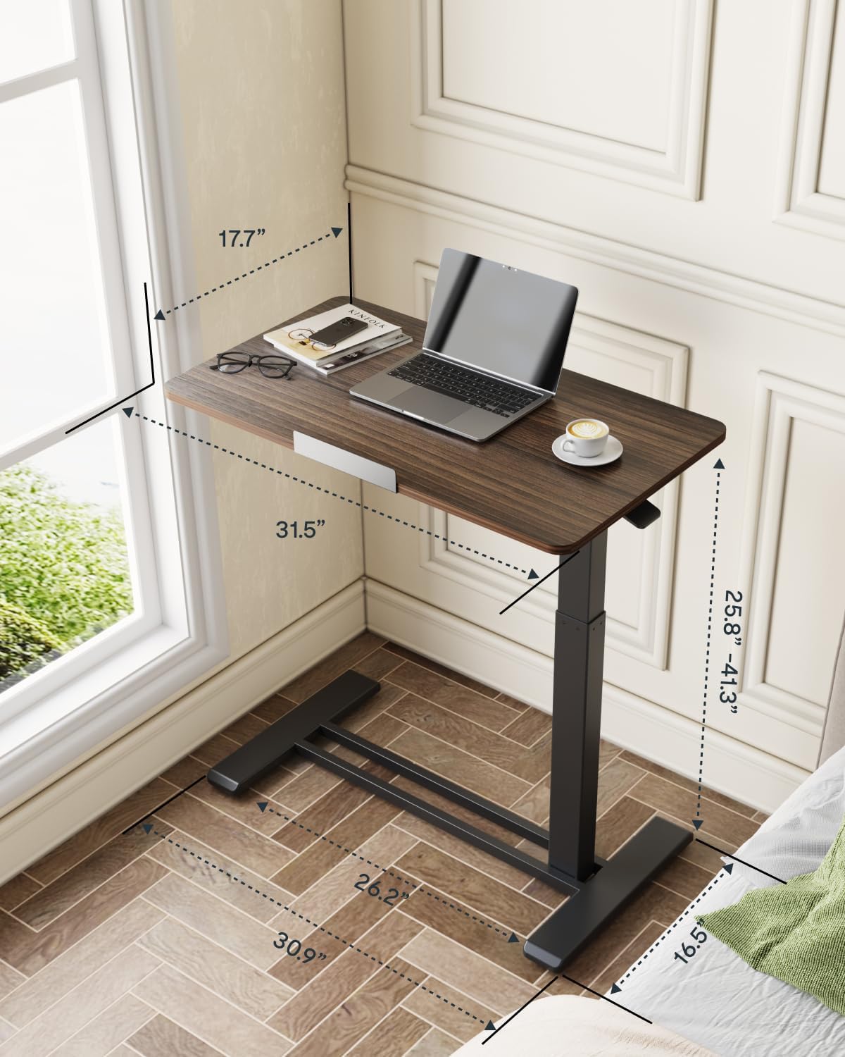 FLEXISPOT H7 PRO Mobile Standing Desk Adjustable Overbed Table Pneumatic with Wheels 90°Tiltable Portable Laptop Desk Rolling Computer Cart Foldable Bedside Table(31.5" W x 17.7" D, Rustic Brown)