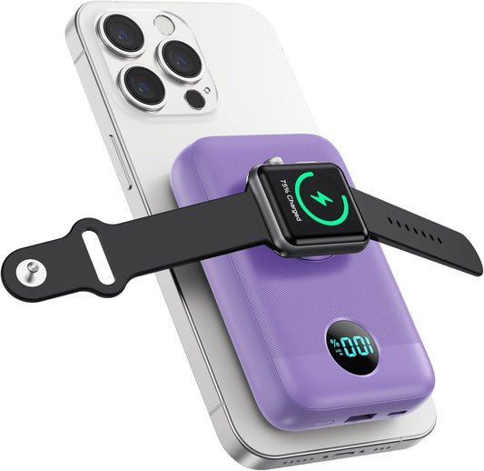 Magnetic Portable Charger 10800mAh,4-in-1 Wireless Power Bank with iWatch Charger, QC4.0+20W PD Fast Charging USB C Battery Pack with LCD Display for Magsafe,iPhone 16/15/14/13/12,Apple Watch, Purple