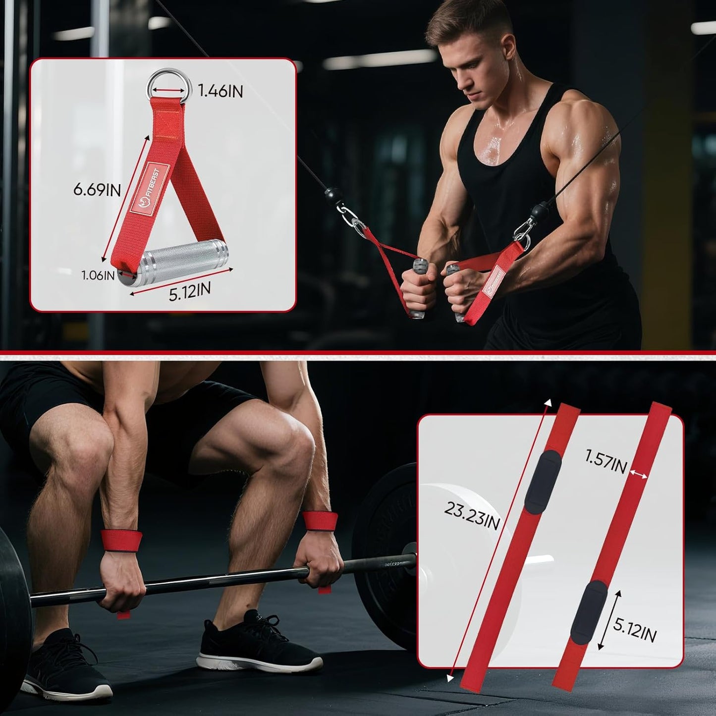 FitBeast Aluminum Exercise Handles & Lifting Straps Set - Replacement Gym Handles for Cables Machine, Pulley System, Strength Trainer, Pull Down Workout Handles, Pilates, Home Gym Cable Attachments