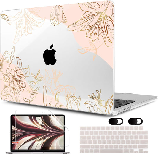 MEEgoodo Case for MacBook Air M4/M3/M2 13.6 inch 2025 2024 2022, Fit Model A3240 A3113 A2681, Compatible with MacBook Air 13 inch, Laptop Hard Shell Case with Keyboard Cover, Gold Flowers Lilies