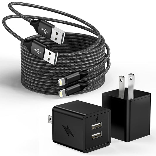 2 Pack iPhone Charger,iPhone 14 Wall Charger Cube Dual Port USB-A Adapter Block with 10FT USB A to Lightning Fast Charging Cable Cord for iPhone 14/13/12/11/Pro Max/Pro/Plus,8 Plus/7/6/XS/XR/X/SE,iPad