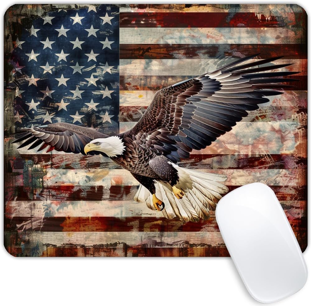 Square Mouse Pad Patriotic Bald Eagle with American Flag-7,Gaming Mouse Pads for Desk,Soft Computer Waterproof Non-Slip Mouse Mat