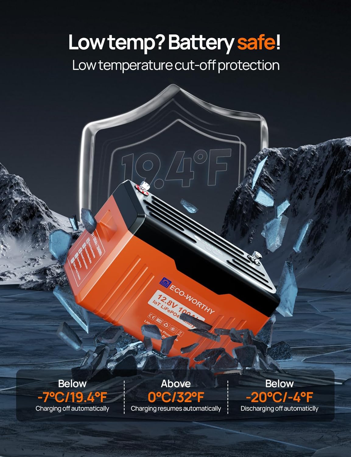 ECO-WORTHY 12V 100AH LiFePO4 Lithium Battery with SOC Display, Upgrade 2.0 with built-in Bluetooth, 100A BMS with Low-Temp Protection, Suitable for RV, Camping, Solar Off-Grid trolling motor