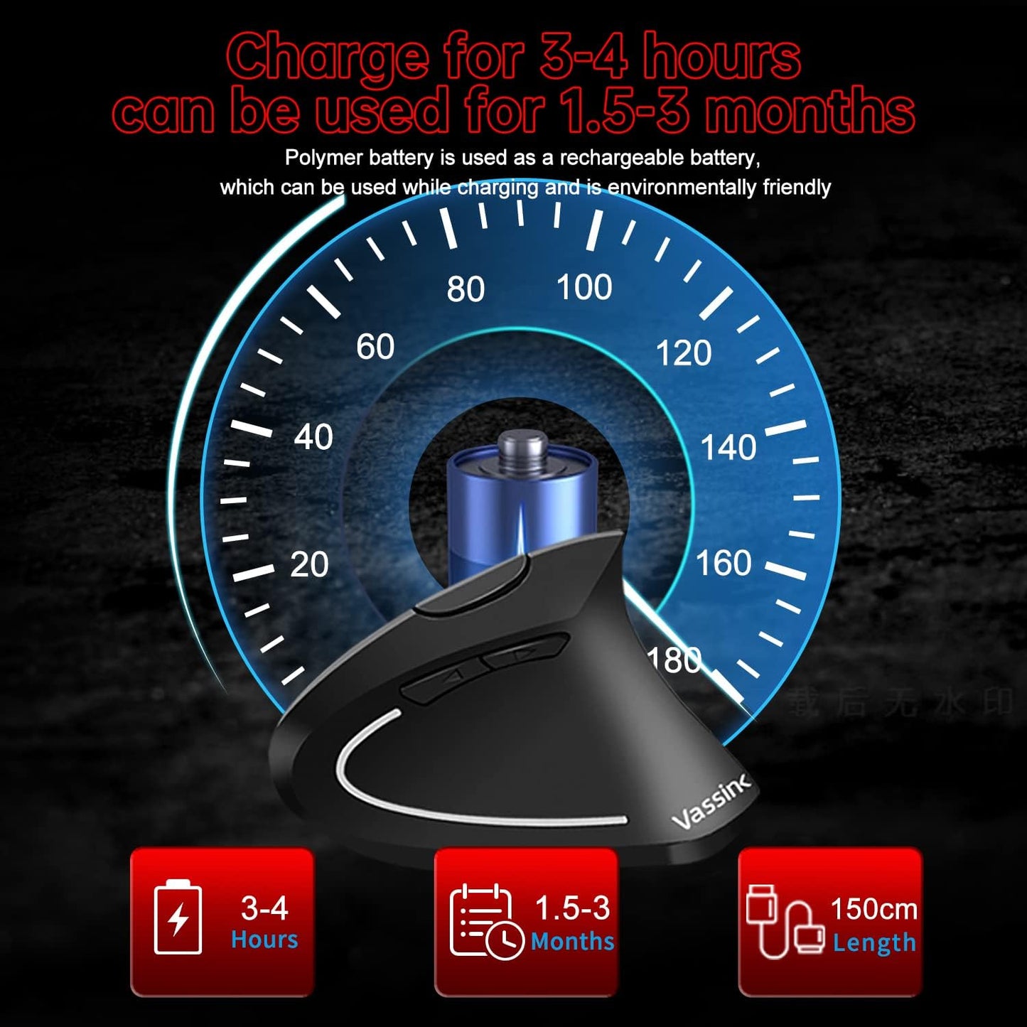 Vassink Ergonomic Mouse, Rechargeable Wireless Mouse, 2.4GHz Rechargeable Wireless Vertical Optical Mice with USB Receiver, 6 Buttons for Laptop, PC, Computer Black