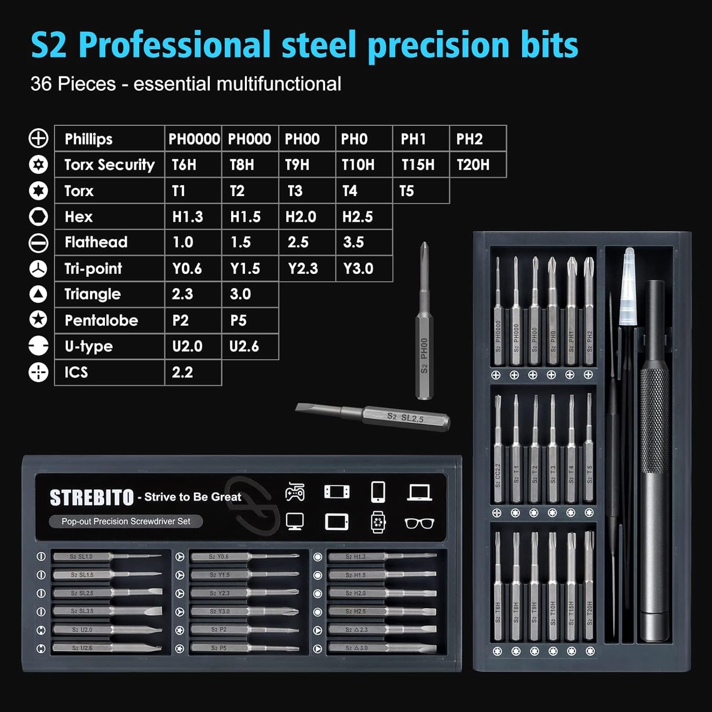 STREBITO Small Screwdriver Set - 39 in 1 Precision Screwdriver Kit, Electronics Tool Set - PC, Laptop, RC, Computer, Phone Repair, S2 Steel Long Bits - Torx, Pentalobe, Triwing