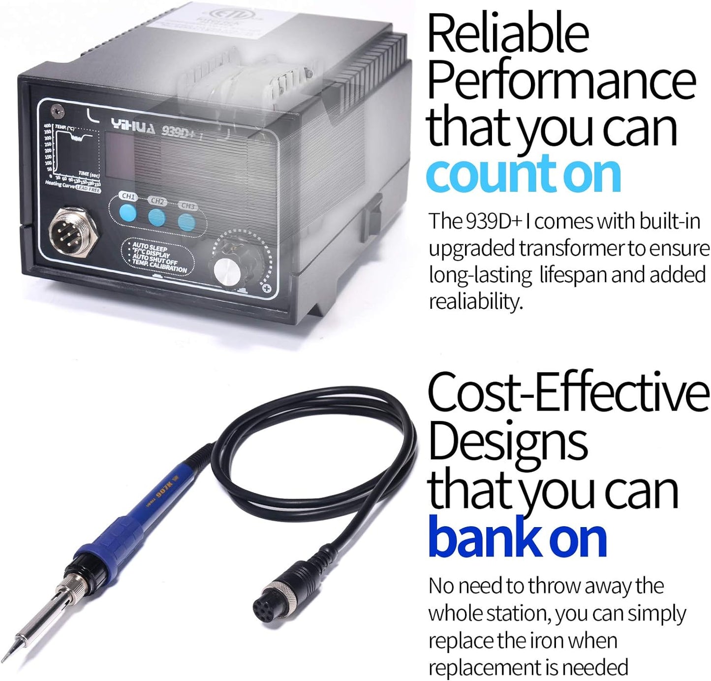 YIHUA 939D+ I Soldering Station, Upgraded, 75 Watt Equivalent with 3 Memories, °C/°F LCD display, Sleep Function, Automatic Shutdown & Brushed Aluminum Panel(Iron-burn Resistant)