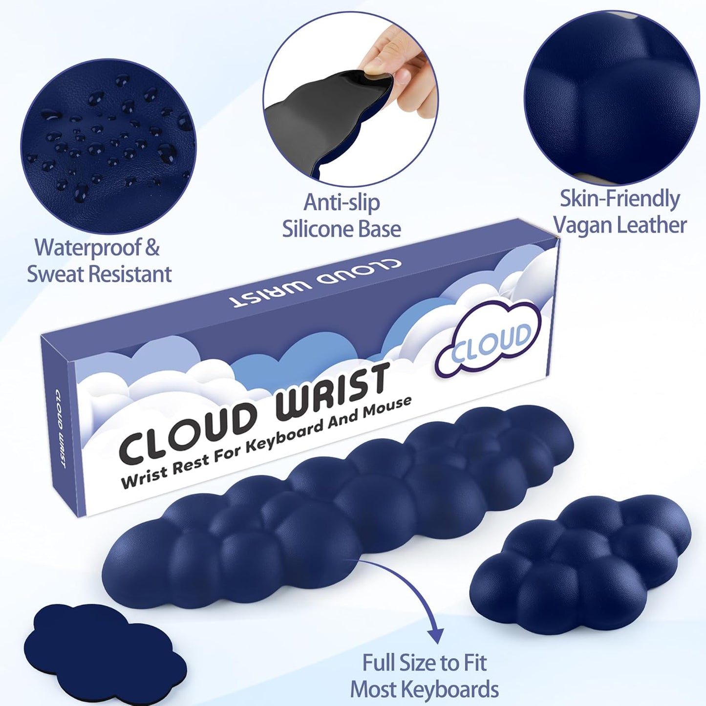 Cloud Wrist Rest for Keyboard and Mouse, Memory Foam PU Leather Keyboard Wrist Rest with Ergonomic Support, Non-Slip Base, Cute Arm Rest Pad & Palm Cushion, Office Desk Accessory, Dark Blue