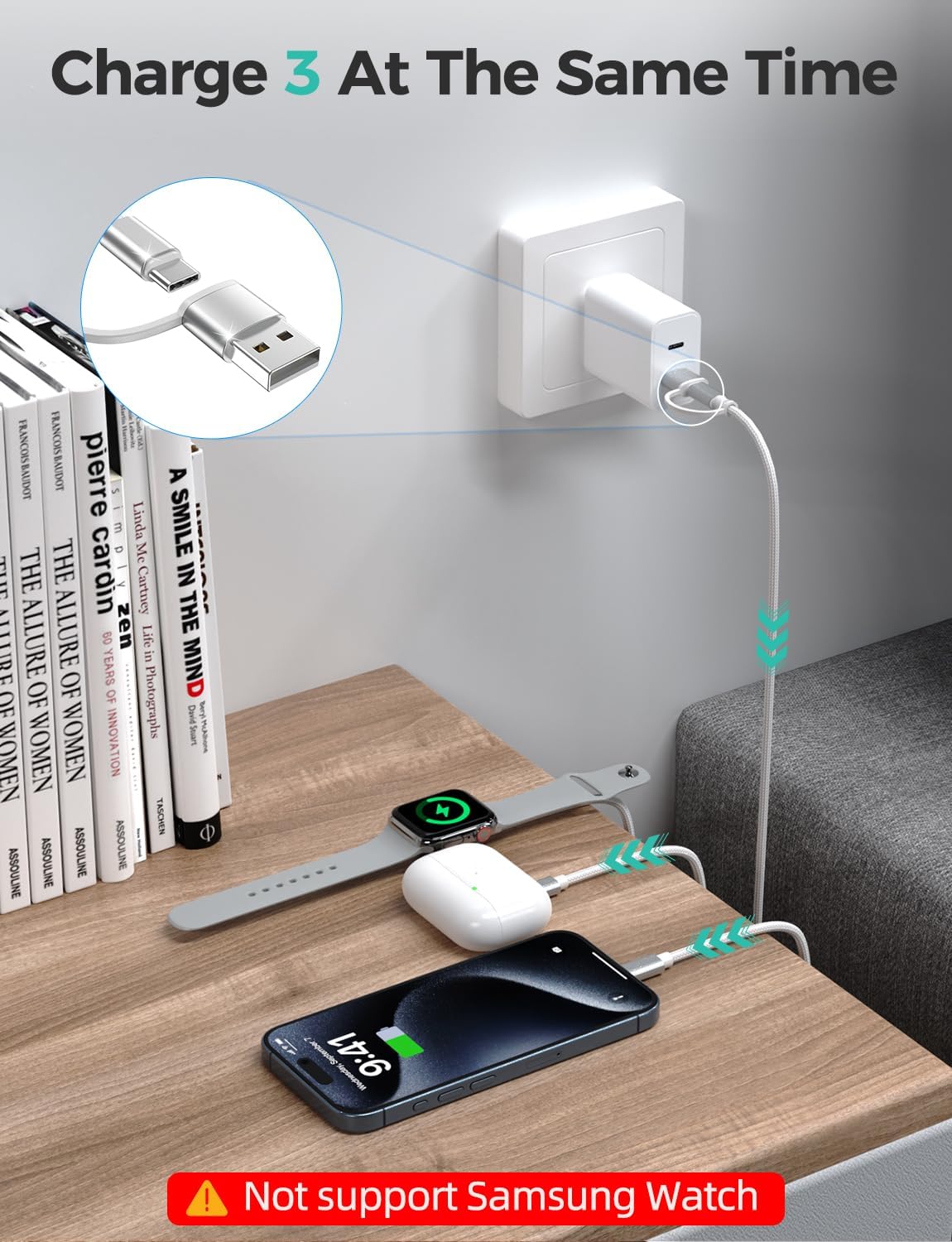 White-Upgraded 3 in 2 USB C Cable for Watch Charger Phone Charger USB C Multi Fast Charging Cable Compatible with Watch Ultra/SE/10/9/8/7/6/5/4/3/2/1 & Phone 16/15/14/Galaxy S23-4FT