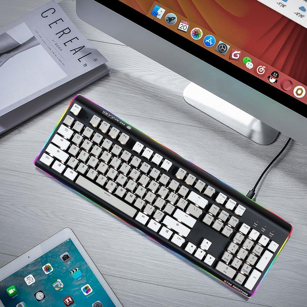 Wired Full Size Mechanical Keyboard, Aluminum Housing Built for Gamers w/Kailh Box White Switch, White Backlit + Surrounded by RGB Light Strip, 104 Keys Gaming Keyboard for PC/Mac