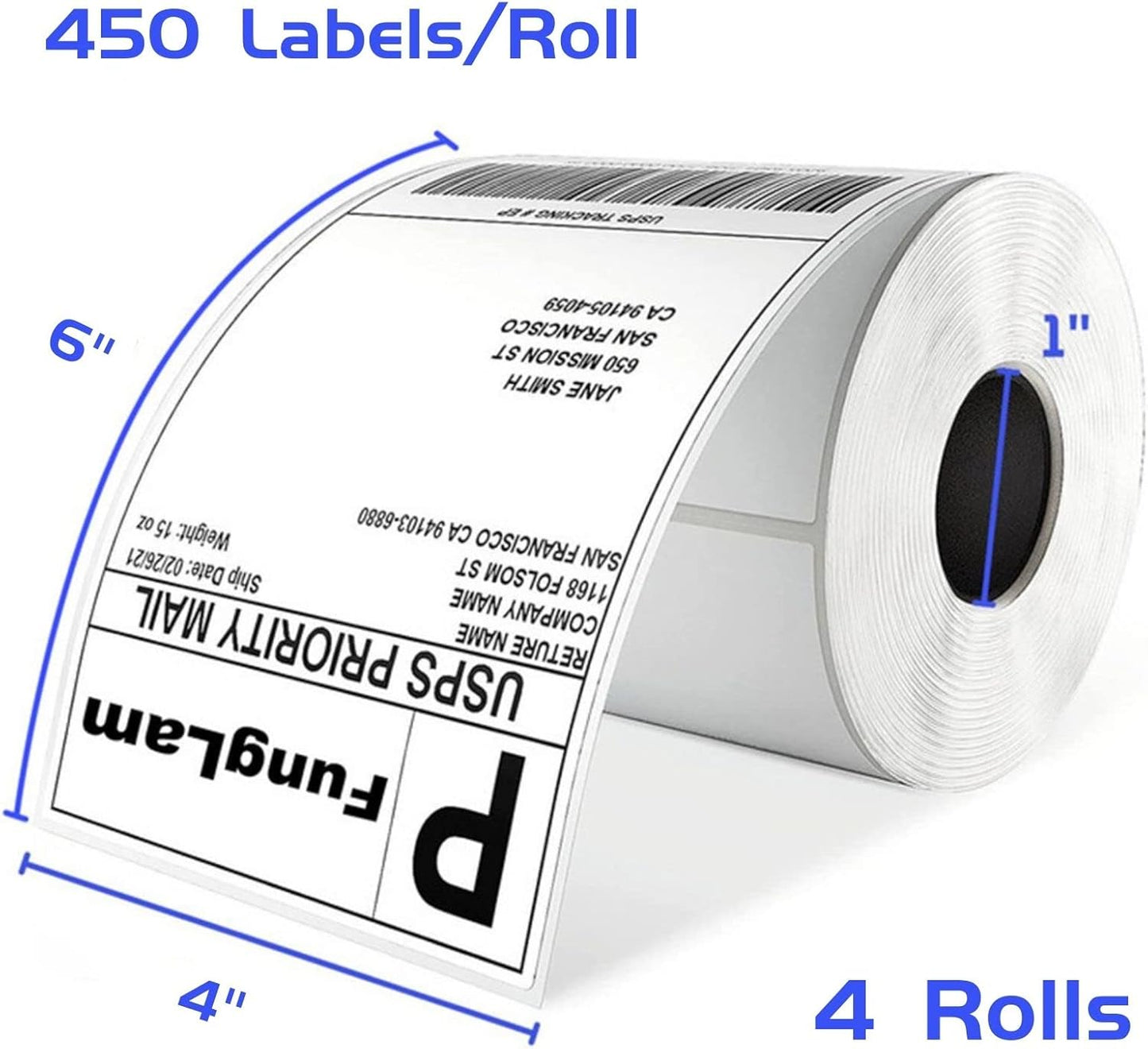 FungLam 4"x6" Thermal Shipping Labels - 450 Labels/Roll (4 Rolls), Direct Thermal Labels Compatible with JADENS, Munbyn, Rollo, iDPRT Printers