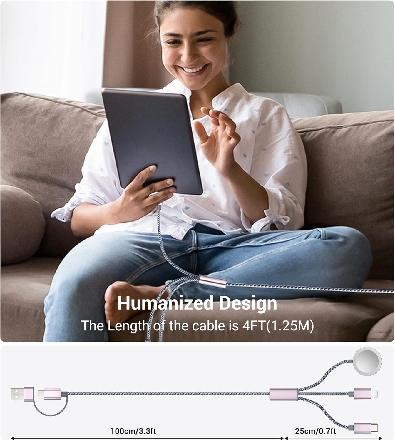 Temdan for Travel Essentials,3 in 2 USB C Cable for Apple Watch Charger/iPhone 16 Charger/Lightning,Multi Charging Cable Cord,Vacation Camping Essentials,Portable Designed for iWatch &iPhone 16-12-4FT