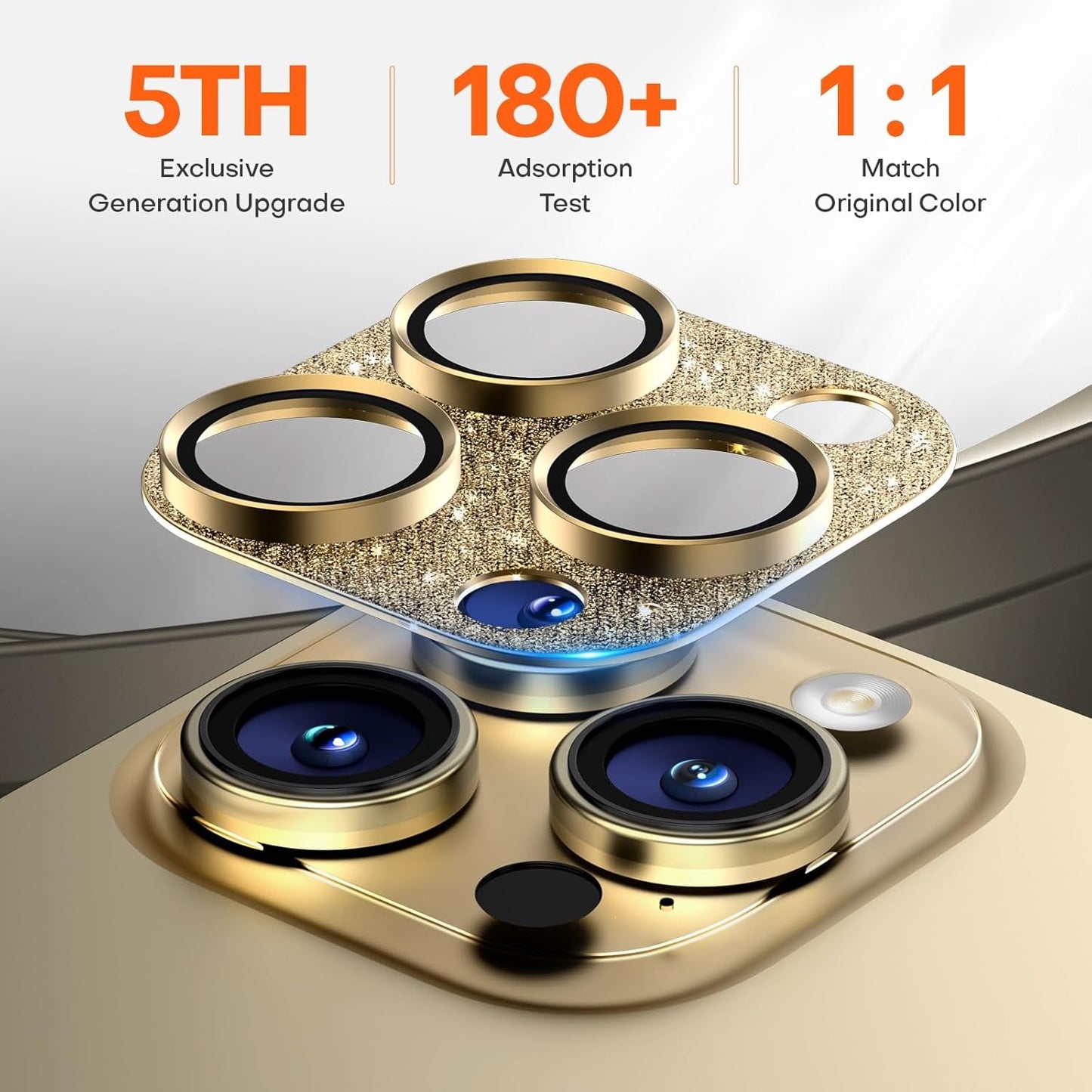 Camera Lens Protector for iPhone 16 Pro Max/16 Pro/15 Pro Max/15 Pro/14 Pro Max/14 Pro, Aluminum Alloy Sapphire Glass Camera Screen Cover, Case Friendly- Glitter Gold