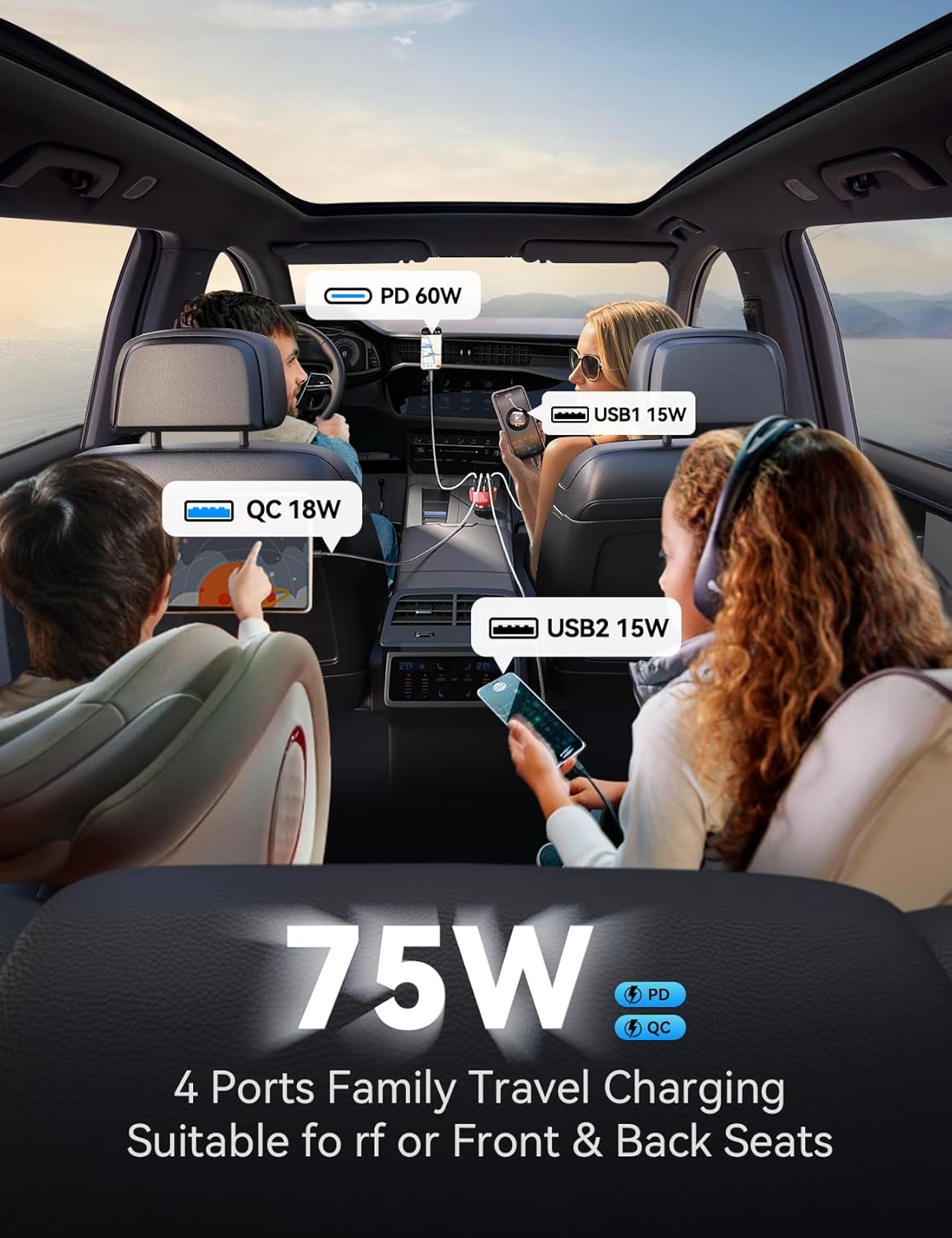 FLYLEAD USB C Car Charger Cigarette Lighter Adapter 75W 4-Port Fast Car Charger Fast Charging Compatible with iPhone16/15/14/13 Series- RED