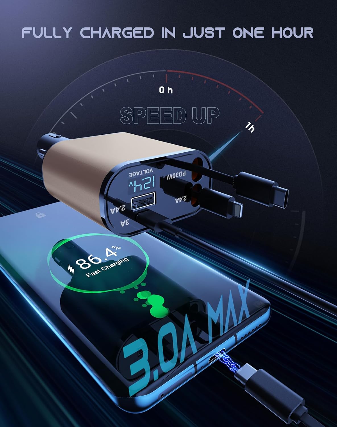 Retractable Car Phone Charger, 4 in 1 Fast Charge Car Phone Charger with 2 Retractable Cables(2.6ft) and 2 USB Ports, Compatible with iPhone15/14/15 Pro Max,Samsung (Gold)