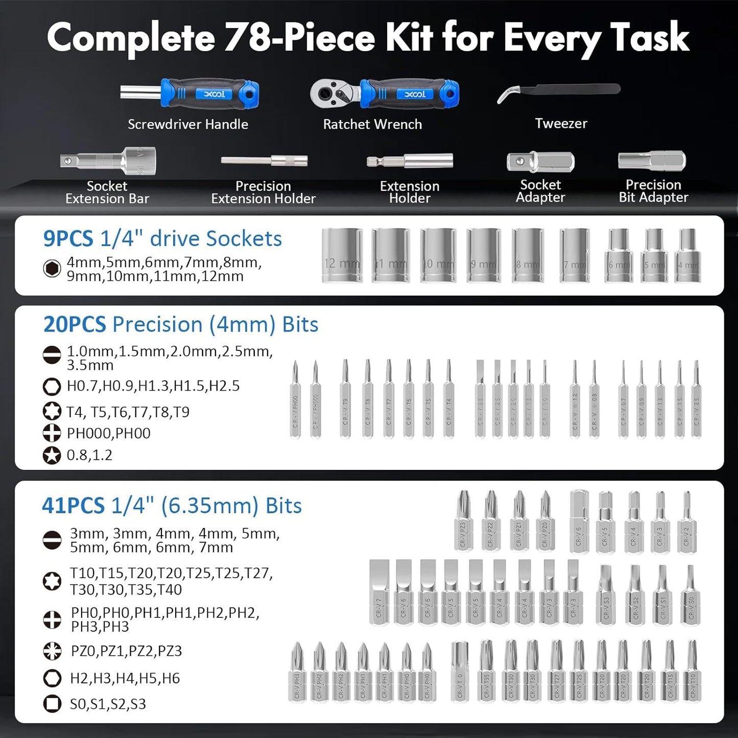 XOOL 78PCS Ratchet Screwdriver Set, Multi-Functional Precision Repair Tool Kit with 41PCS Bits, Precision Bits, 1/4" Sockets, Magnetic Tools for Electronics, Home Repair, DIY Toolbox