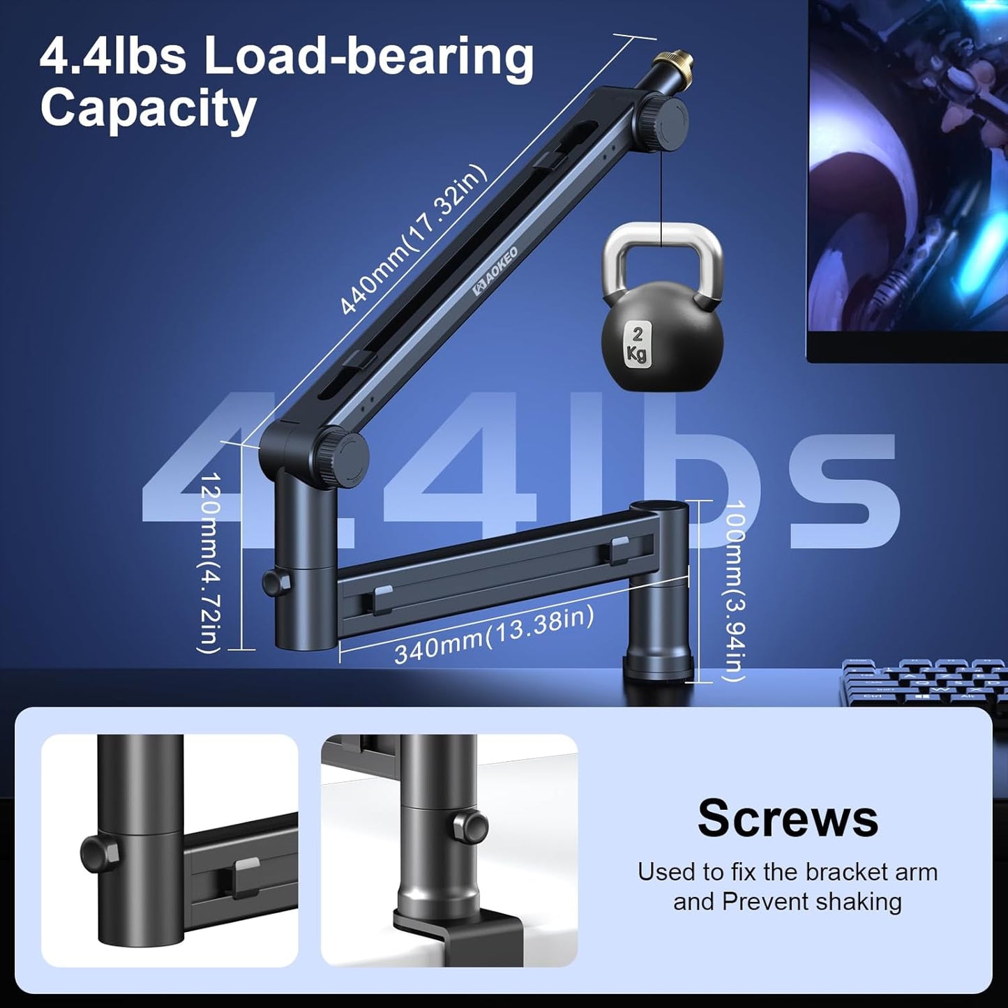 Microphone Arm,Aokeo AK-58 Desk Low Profile Adjustable Mic Boom Arm Stand,Suitable For Blue Yeti,Snowball iCE, HyperX QuadCast,SoloCast,Elgato Wave,Etc