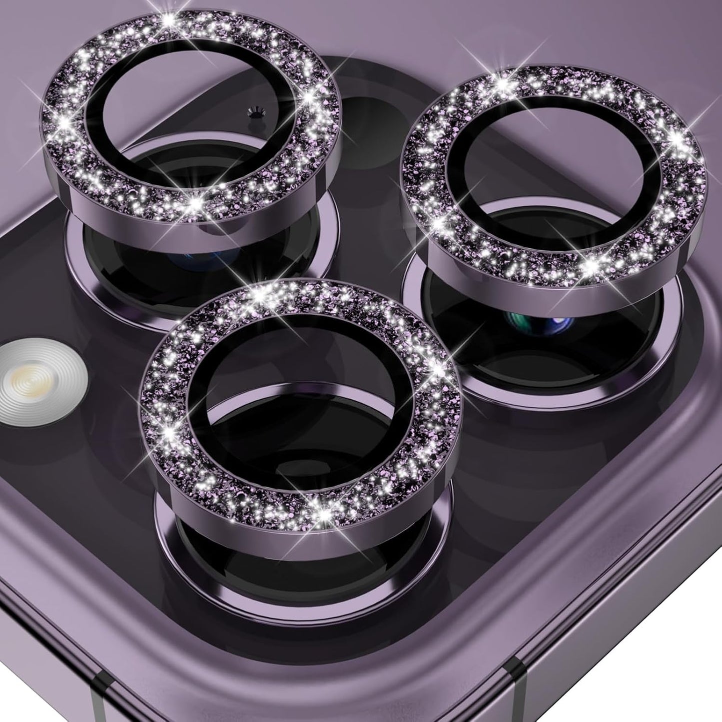 YWXTW Designed for iPhone 14 Pro/iPhone 14 Pro Max Camera Lens Protector Bling, [New Glitter Design] Individual Metal Tempered Glass Camera Cover Accessories Case Friendly, 1 Set (Purple Glitter)