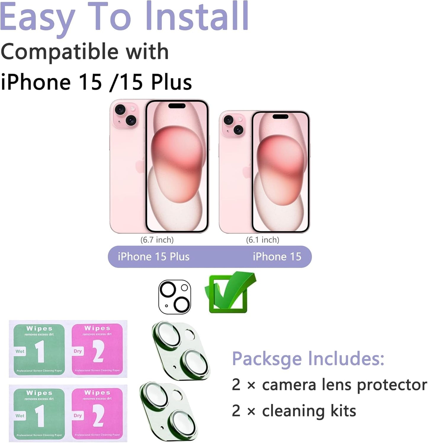 2 Pack Camera Lens Protector for iPhone 15 / iPhone 15 Plus,[Not Easy to Breakn ] AR Tempered Glass Strong Adsorption Metal Camera Cover Screen-Light Green