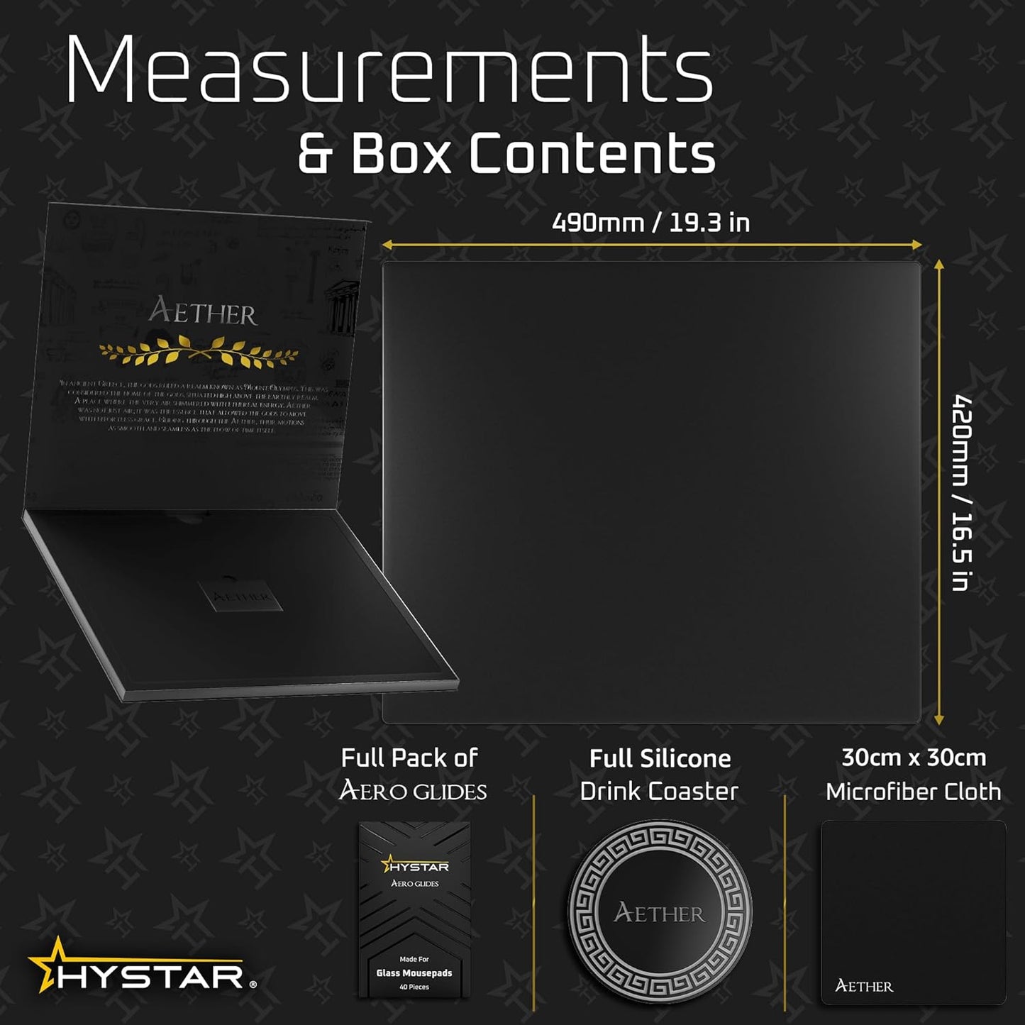 Hystar Aether Glass Gaming Mousepad | Micro-Etched Tempered Glass | Quiet, Ultra-Fast Glide | Full Anti-Slip Silicone Backing (Black, X-Large)