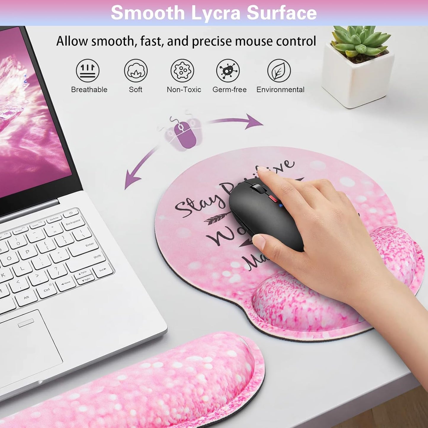 Mouse Pad with Wrist Rest Set Pink, 3-in-1 Wrist Support Mousepad Set,Gaming Mat Pad with Anti-Skid Base,Ergonomic Mouse Pad,Memory Foam Keyboard Gel Wrist Rest