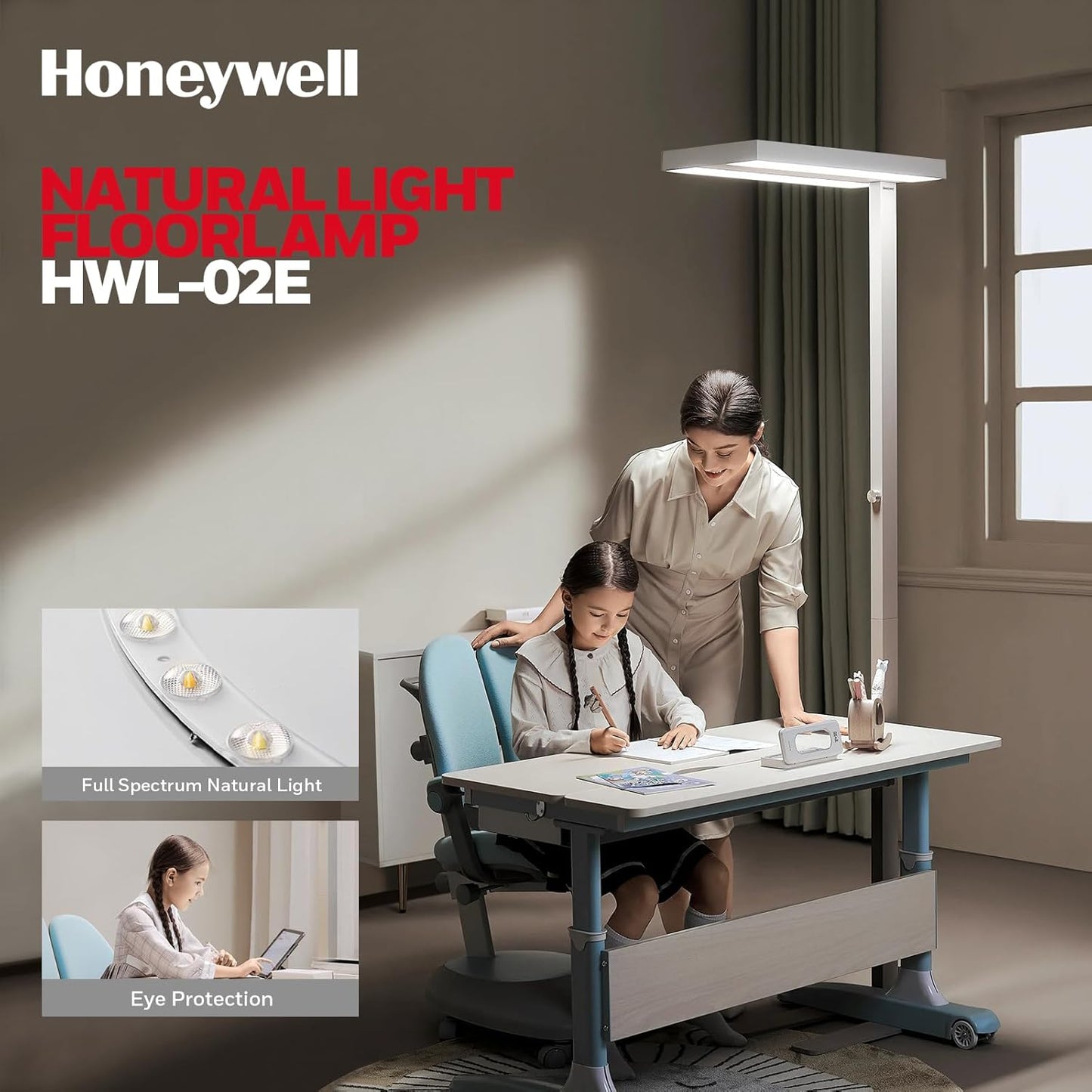 Honeywell LED Floor Lamp Modern - 02E Sunturalux Eye Caring Standing Light, 6000LM 60W 4000K Natural Daylight Dimmable Reading Tall Lampara for Home Office Living Room Bedroom
