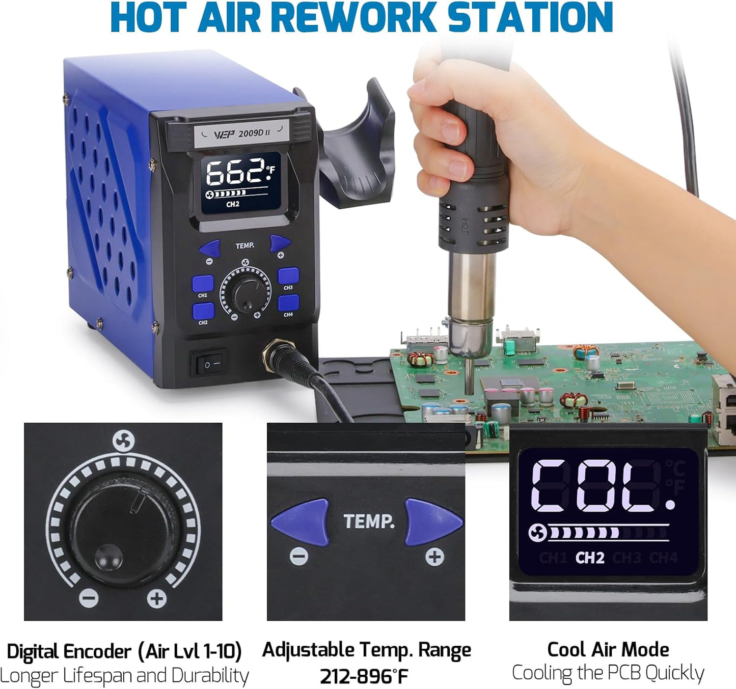 WEP 2009D-II Hot Air Soldering Station, Hot Air Rework Station with Detachable Soldering Heat Gun, 4 Preset Channels, Digital LED Display, Adjustable Temperature 212-896°F, PID Temp Stabilization